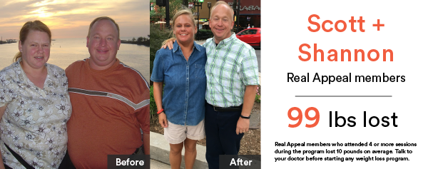 Before and after photos of Scott and Shannon, Real Appeal members, who lost 99 pounds.